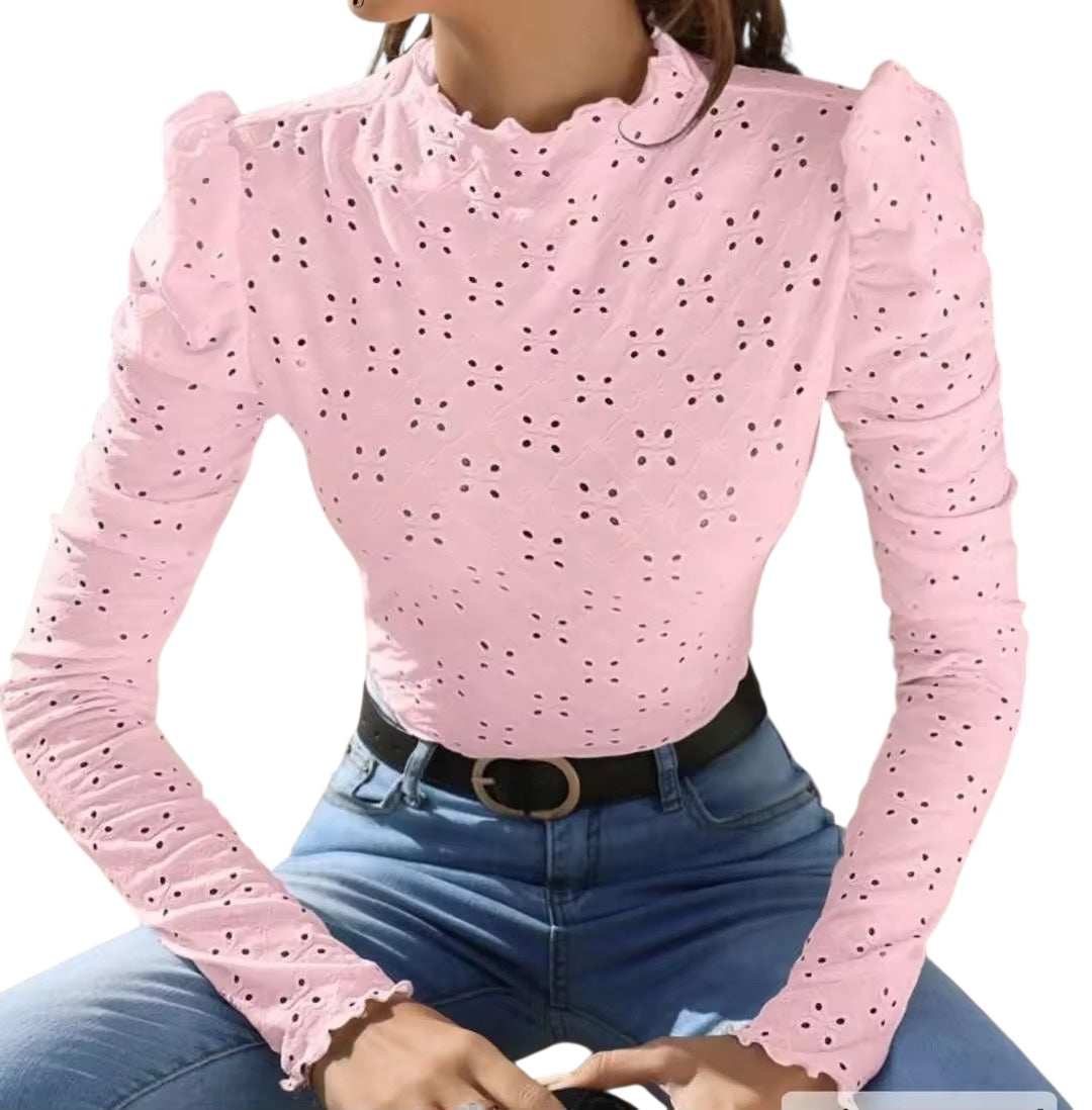 Eyelit mock neck sun top